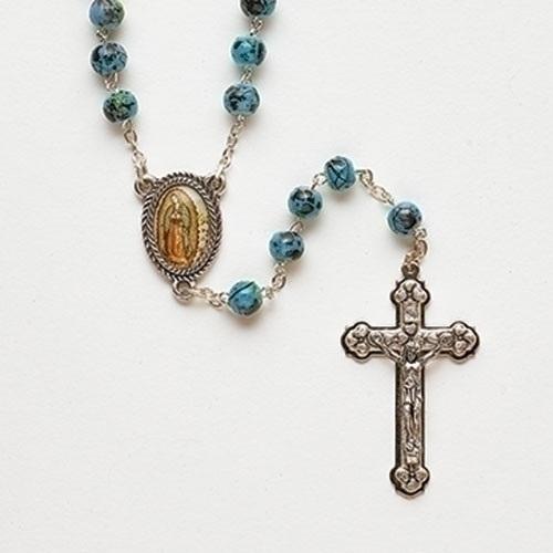 18"L Our Lady of Guadalupe silver plated  multi colored teal rosary. 7mm glass beads . 