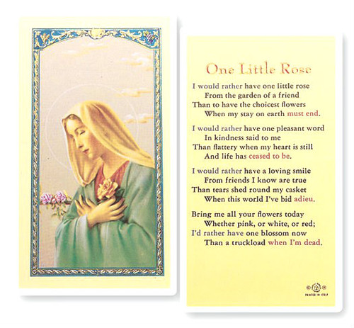 Madonna pictured with One Little Rose.  Prayer on reverse side of laminated card. Size: 2-1/2" x 4-1/2".