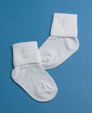 Boys 100% nylon sock with embroidered cross applique. Size Small 0-1 months. Size Large 2-3 months 