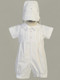 Poly seersucker cotton romper with pleats. Hat is included. Sizes: 0-3mos, 3-6mos, 6-12mos, 12- 18mos. Made in the USA