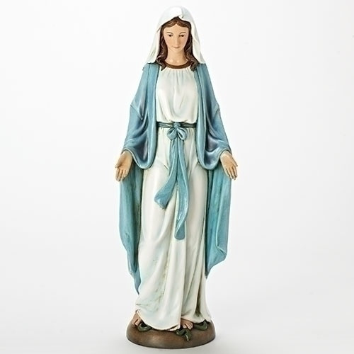 18.25"H Our Lady of Grace statue. This beautiful Our Lady of Grace Statue is made of a durable resin/stone mix. the dimensions of Our Lady of Grace statue are 18.25"H X 6.5"W 