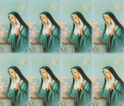 Sorrowful Mother personalized Prayer Cards from the Bonella Line. Bonella artwork is known throughout the world for its beautiful renditions of the Christ, Blessed Mother and the Saints. 8 1/2" x 11" sheets with tab that separates into 8- 2 1/2" x 4 1/4" cards that can be personalized and laminated at an additional cost.  ( Price per sheet of 8)