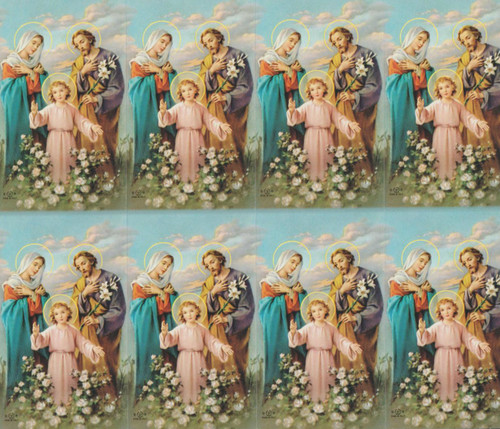 The Holy Family personalized Prayer Cards are from the Bonella Line. Bonella Artwork is known throughout the world for its beautiful renditions of the Christ, Blessed Mother and the Saints. 8 1/2" x 11" sheets with tab that separates into 8- 2 1/2" x 4 1/4" cards that can be personalized and laminated at an additional cost.  ( Price per sheet of 8)