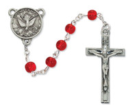 6mm Red glass beads with pewter crucifix and Holy Spirit center. Comes in a deluxe box. Great for confirmation gift!