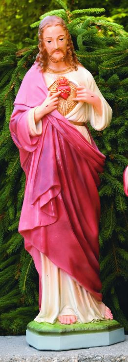 Sacred Heart of Jesus Cement Handcrafted Garden statue. Made to order
Details:  33"H
BW: 9.25" BL: 8.5"
Weight: 76 lbs
Detailed stain or natural finish.  Made in the USA
Please allow 4-6 weeks for delivery and call for delivery prices.

  