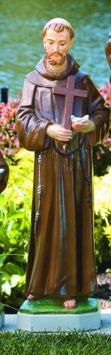 St Francis 101533
Handcrafted Cement 32" Outdoor Saint Francis Holding Bird & Cross. 
Height 32"; Base: 8.5" Sq; Weight: 59 lbs.
Allow 4-6 weeks for delivery.  Made in the USA!