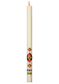Candles display outstanding craftsmanship and adherence to the highest standards of design and artistic talent. Many of the paschal candles  have the design embossed into the candle and are then hand painted. No appliques to cause burner hang up. Paschal nails are included with all candles. Matching side candles are also available.