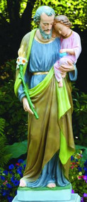 Outdoor Classical Saint Joseph Holding Child Jesus Cement 55" Statue. Available in Natural Cement color or Detailed Stain.  Dimensions: 54.5" Height,  BW 14.5", BL 14",  Weight. 380 Lbs.   Allow 6 weeks for delivery. Made in the USA! 