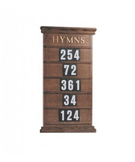  Hymn board wall hanging or with stand. Dimensions: 77" height, 19" width. Includes three sets of numbers. Numbers (0-9) & Letters (A-Z)  that fit boards 234, 234H, 237B & 239H, are available at an additional cost