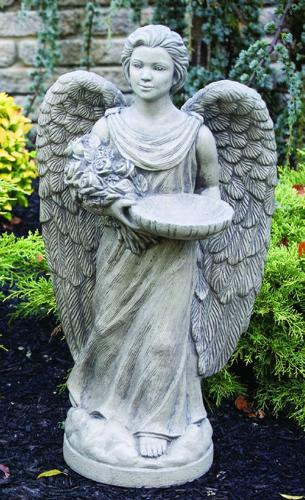 This beautiful angel statue with a bird feeder is from our Devotional collection. This statue features an angel holding a bouquet of roses and a bowl that can be used as a bird feeder. This statue comes in a natural cement finish only, making it beautiful and simple.

Details:

Dimensions: 28"H x 15.5"W x 9.25"BD
74 lbs
Natural finish
Made to order.  Allow 34-6 weeks for delivery
Made in the USA