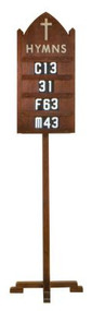 Hymn board with stand. Dimensions: 86" height, 15" width or Wall hanging hymn board. Dimensions: 30" height, 15" width. Includes three sets of numbers. Additional Numbers (0-9) & Letters (A-Z)  that fit boards 4290, 4290T, 4296, 4296T, are available at an additional cost
