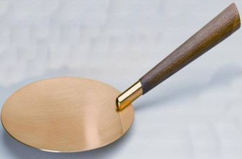 Communion/Server Paten: 7" Diameter Paten with Walnut stained hardwood handle. Satin finish Gold lacquered