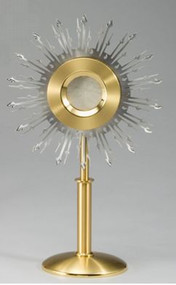 Image of an ostensoria with 14K gold and silver plating, including polished and satin finishes with oxidized rays an a 2 3/4-inch host friction-fit luna.