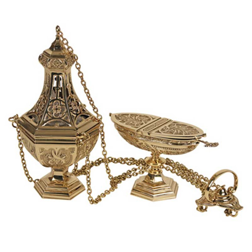 Polished Brass, Four chain Censor and Boat. Censer measures 10 3/4"H X 4 1/2" bowl.  Boat measures 4 1/2"H.  Oval Bowl 6 1/4" x 2 3/4". 