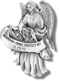 Heavyweight oxidized pewter visor clip with polished slide to hold securely on your visor. "Guardian Angel Protect My Son"