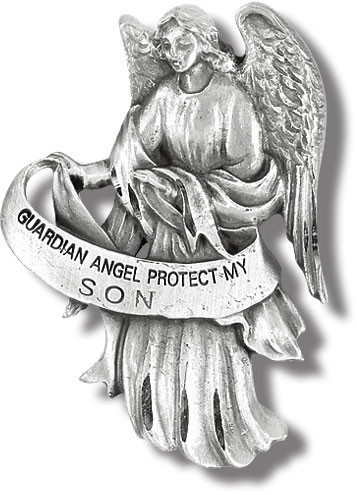  Heavyweight oxidized pewter visor clip with polished slide to hold securely on your visor. "Guardian Angel Protect My Son"