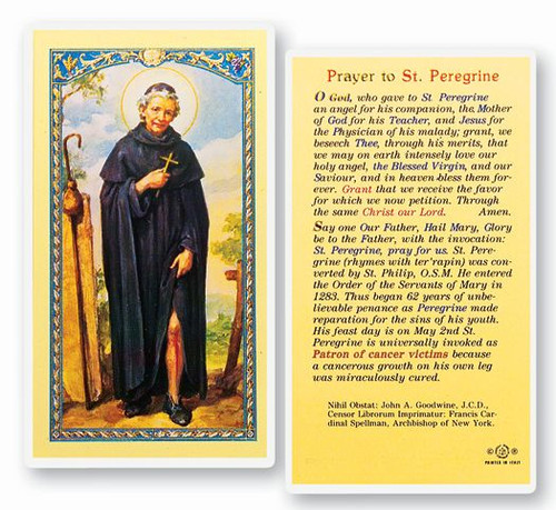 Novena Prayer to St. Peregrine. Clear, laminated Italian holy card with gold accents. Features World Famous Fratelli-Bonella Artwork. 2.5'' X 4.5'' 