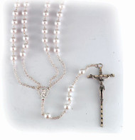 8mm Imitation Pearl Lasso Wedding Rosary with Silver Plated Chain Crucifix and Center length 48"  (23" opening)