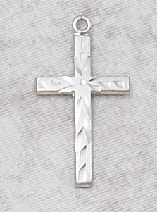 Sterling Silver Cross Pendant with Etched Design. 3/4" long on an 18" Chain . Deluxe Gift Box.