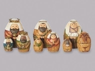 Image of all figures included in the 9-Piece Nativity Nesting Box sold by St. Jude Shop.