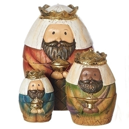 Close-up image of three figures included in the Nativity Nesting Box sold by St. Jude Shop.