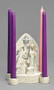 Celebrate the holiday season with this 7" white, classic,  papercut style Advent candle holder. The figurine at the center shows a detailed and gorgeously designed Mary and Joseph looking over baby Jesus, with an intricate backdrop behind them. The four candle holders sit on the outside, with detailed holders. The candles are sold separately and can be found here!  This Advent candle holder is made with resin and dolomite. Dimensions are: 6.89"H x 3.74"W x 5.91"L.  Candles (Item #101610)
