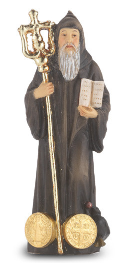 4" St. Benedict Hand Painted Solid Resin Statue with Gold Leaf Trim Accents and Italian Gold Stamped Prayer Card. (Deluxe Window Box)