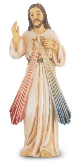 4" Divine Mercy is hand painted and is made of a solid resin. Statue has gold leaf trim accents and Italian gold stamped prayer card. Boxed 
