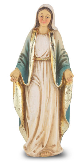 4" Our Lady of Grace  hand painted solid resin statue with gold leaf trim accents and Italian gold stamped prayer card. (Deluxe Window Box)