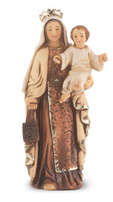 4" Our Lady of Mt. Carmel  hand painted solid resin statue with gold leaf trim accents and Italian gold stamped prayer card. (Deluxe Window Box)