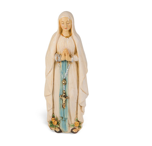 4" Our Lady of Lourdes  hand painted solid resin statue with gold leaf trim accents and Italian gold stamped prayer card. (Deluxe Window Box)