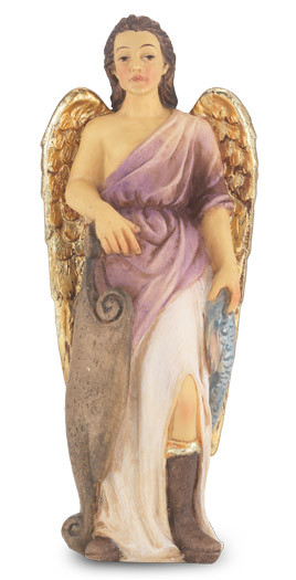 4" St.  Raphael Hand Painted Solid Resin Statue with Gold Leaf Trim Accents and Italian Gold Stamped Prayer Card. (Deluxe Window Box)