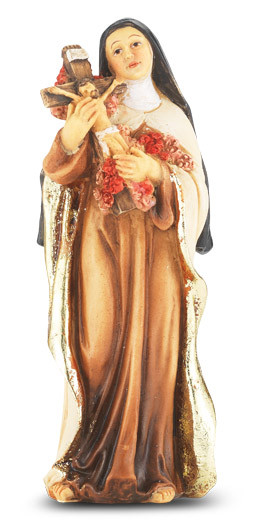 4" St.  Therese Hand Painted Solid Resin Statue with Gold Leaf Trim Accents and Italian Gold Stamped Prayer Card. (Deluxe Window Box)