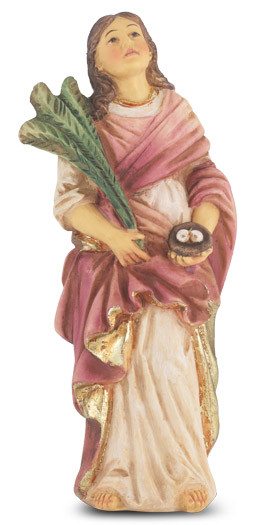 4" St. LucyHand Painted Solid Resin Statue with Gold Leaf Trim Accents and Italian Gold Stamped Prayer Card. (Deluxe Window Box)