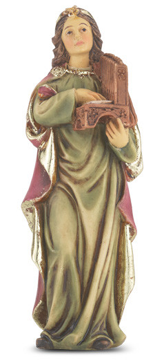 4" St.  Cecelia Hand Painted Solid Resin Statue with Gold Leaf Trim Accents and Italian Gold Stamped Prayer Card. (Deluxe Window Box)