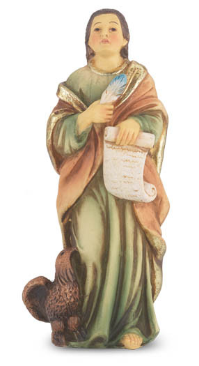 4" St. John the Evangelist Hand Painted Solid Resin Statue with Gold Leaf Trim Accents and Italian Gold Stamped Prayer Card. (Deluxe Window Box)