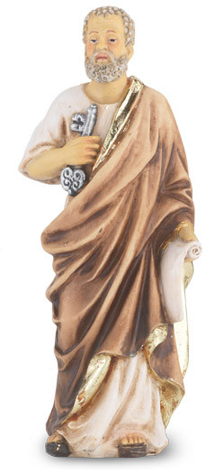 4" St. Peter statue is hand painted and is made of a solid resin. Statue has gold leaf trim accents and Italian gold stamped prayer card. Boxed 