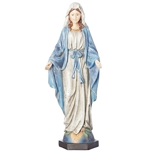 19" Our Lady of Grace Statue in an antique finish.  Materials: Resin/Stone mix. Weight: 3.50 lbs
