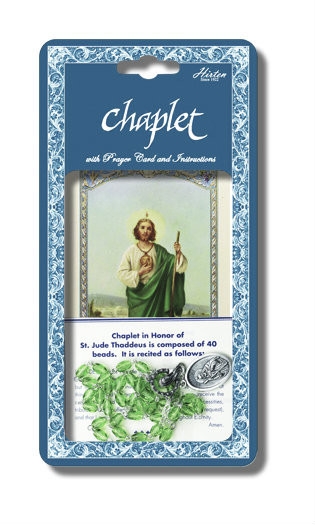  Saint Jude Deluxe Chaplet with 40 Green Glass Beads. Packaged with a Laminated Holy Card & Instruction Pamphlet. (Overall 6.5” x 3.5”)
 