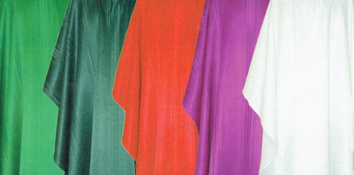 Easy care 100% polyester Overlay Stole (Item #902) and Deacon Stole (Item #903).  Chasuble (Item #900) or Dalmatic (Item #901). Available in Kelly or Hunter Green, Red, Purple and White. Coordinating items available:   Chalice Veil (Item # 904), Matching Burse (Item #905), and/or Pair of Altar Scarves (Item #906)(Lined and Interlined 10" wide and 46" long). Customer scarf sizes are available. Please call 1 800 523 7604 for quote! 