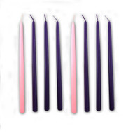 These tiny taper candles are perfect for your Advent wreath that requires candles that are 1/2"D. The candles stand 9"H. Set includes 6 Purple candles, and 2 Pink candles.  Order yours now to  prepare for the season ahead!