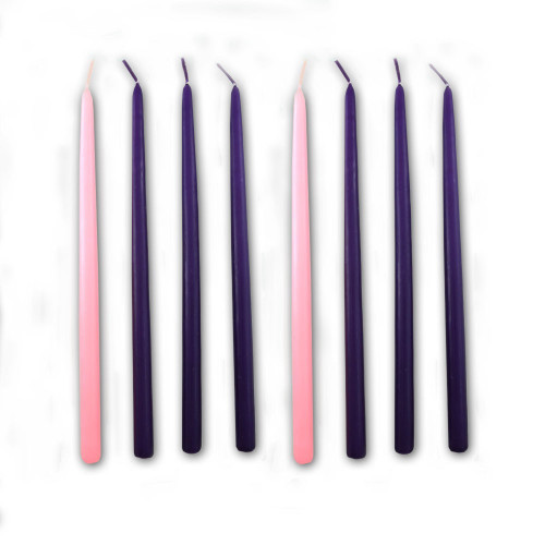 These tiny taper candles are perfect for your Advent wreath that requires candles that are 1/2"D. The candles stand 9"H. Set includes 6 Purple candles, and 2 Pink candles.  Order yours now to  prepare for the season ahead!