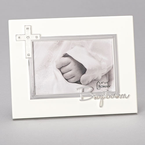 7"H Baptism Frame Holds a 4x6" photo and has the word Baptism written across the bottom of the frame.  The Baptism Frame is made of medium density fiberboard. This Baptism Frame is from the Caroline Collection and is a perfect gift for a baptism 