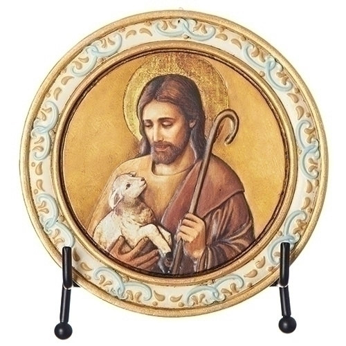 4.5" round Jesus with the Lamb Plaque. Made of resin/stone and comes with an easel