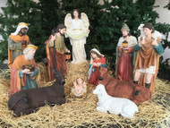 This 32-inch nativity set comes with 12 pieces that are made with a fiberglass-resin material and hand painted. The set comes with the holy family, the three wise men, the angel, the shepherd, and three animals. This church nativity set is great for indoor and outdoor use.   Extra animals are available 17" duck (53378), 17" rooster (53379), 25" goat (53375), 42" standing camel (53368), 29" elephant (53389), or Seated camel (53318)
