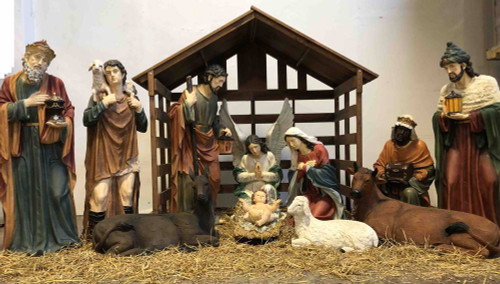 An indoor nativity display showing the entire Heaven’s Majesty set which includes the holy family, the wise men, shepherds, the angel, and some barn animals too. Nativity is made of fiberglass and resin construction with outdoor paint. Full round traditionally colored fiberglass figures with removable Jesus. Breathtakingly beautiful detail makes this traditional, fiberglass nativity an elegant edition to your Church or home decor! 