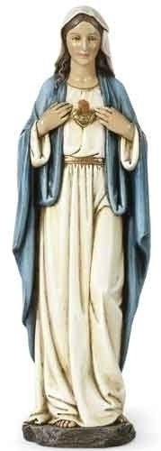 Immaculate Heart of Mary Statue. This 10"H Immaculate Heart of Mary statue is made of a resin/stone mix. The Immaculate Heart of Mary statue measures: 10"H x 3.25"W x 2.25"D.
