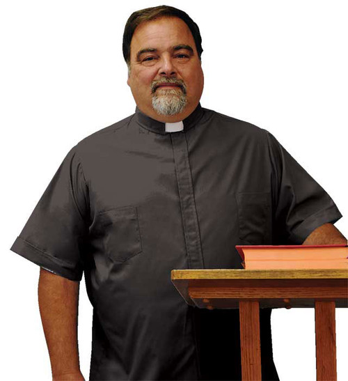 Long or Short Sleeve Tab Collar Shirts in Gray or black, that are a comfortable full cut and are easy care. 65% polyester and 35% cotton. Two breast pockets. Can be personalized with Christian Fish, Celtic Cross, Clergy Cross or Deacon Cross at an additional cost. 