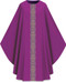 Purple Chasuble-This Gothic chasuble features a gold patterned vertical orphrey on both the front and back. It comes in Purple, Green Red and Ecru. It is made from Elias fabric and is part of the Assisi series. Elias fabric is 100% polyester and is lightweight and durable.  The Gothic Chasuble measure 53"L x 63"W;. The chasuble has a plain collar and does come with an inside stole. Please supply your Intitution’s Federal ID # as to avoid an import tax. Please allow 3-4 weeks for delivery if item is not in stock as it is shipped from overseas. 
