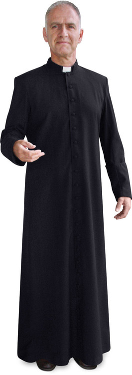 Image of a black cassock, a long-sleeve, ankle-length garment worn by clergy members.